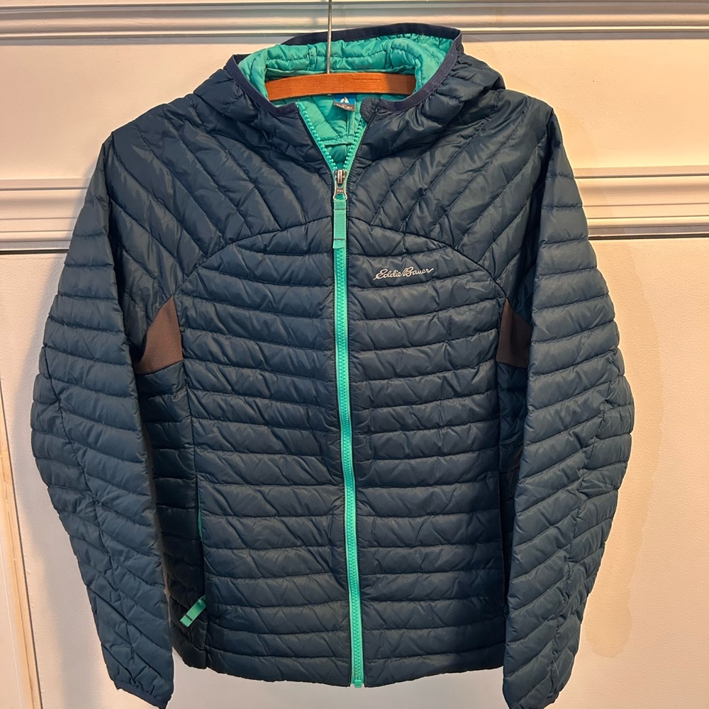 Eddie‎ Bauer Down Puffer Jacket Kids Sz L 14/16 Navy/Teal  Hooded Zip